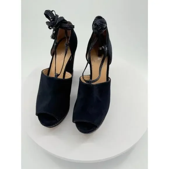 Michael Kors Wedges Womens 11M Navy Suede Ankel Wrap Lace Up Open Toe Braided - Picture 4 of 16